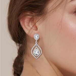 Clip On Earrings Silver Crystal Teardrop Earrings -Bride Bridesmaids Prom